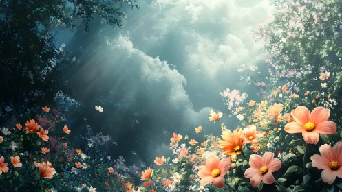 Cosmos flowers frame sky with dramatic light rays and cloud formations