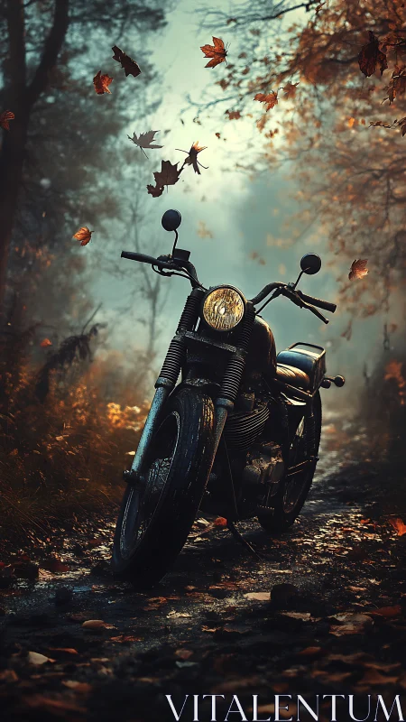 Vintage motorcycle rests on misty forest trail at dusk.