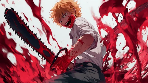 Blood-soaked chainsaw antihero carves chaos in scarlet storm.