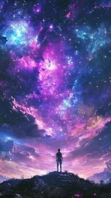 Stargazer on a glowing hill beneath a dreaming cosmic sky.