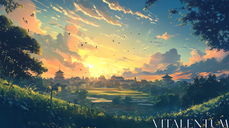 Sunlit rural town with pagodas under vivid sunset sky.