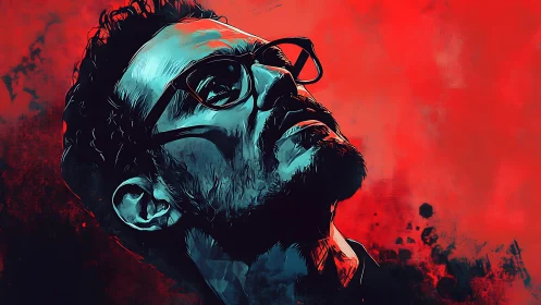 Brooding neon portrait tilts upward through crimson chaos.