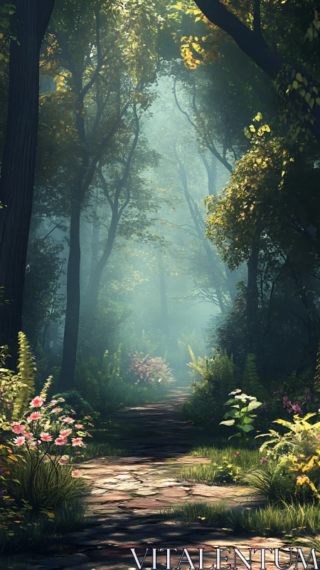 Forest Pathway with Morning Light Through Dense Canopy