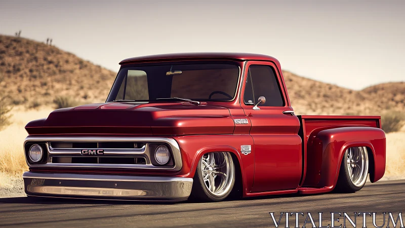 Custom red GMC lowrider truck in desert daylight setting.