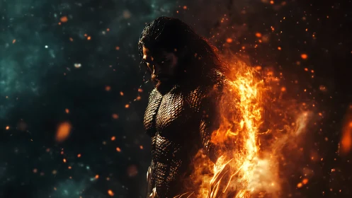 Ember crowned warrior sinking into stormlit shadowfire.