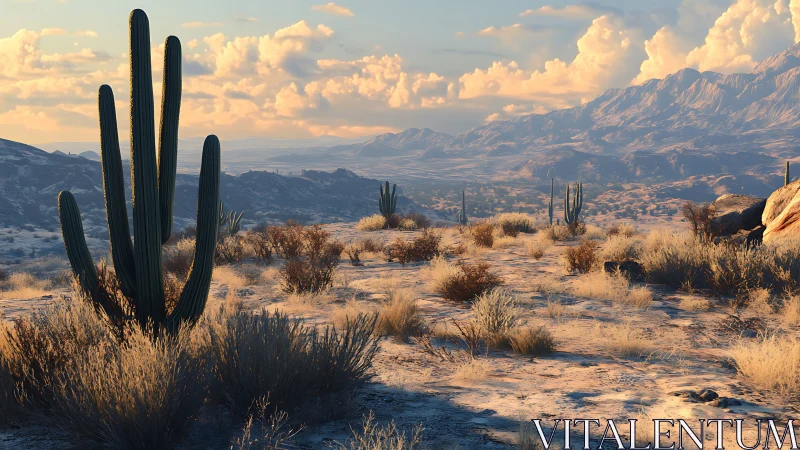 Sunlit desert valley with tall cacti and distant mountains.