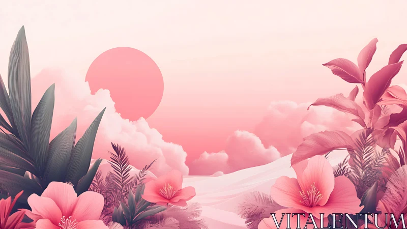 Monochrome pink floral landscape with stylized sun and clouds.