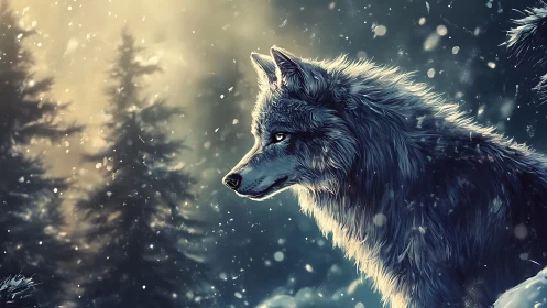 Winter-lit wolf profile in snowfall against blurred conifers
