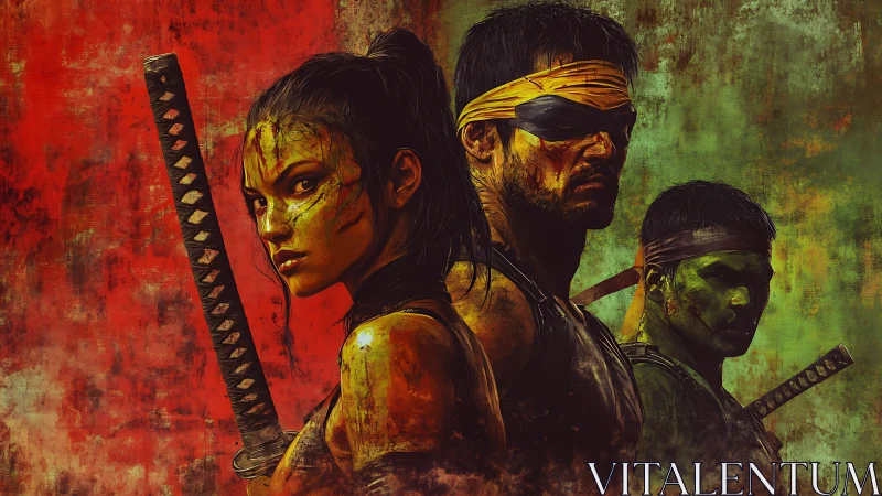 Triadic post-battle samurai portrait under split chromatic fields.