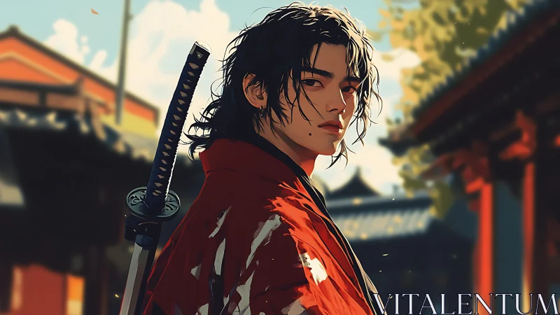 Young ronin in red haori with katana in traditional courtyard