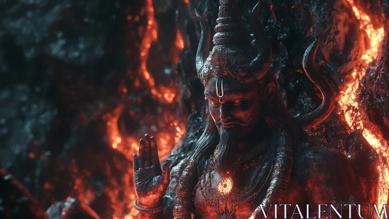 Volcanic ascetic deity rendered in molten 3D luminance.