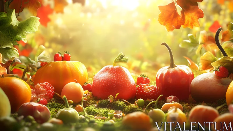 Sunlit autumn harvest still life in glowing forest clearing.