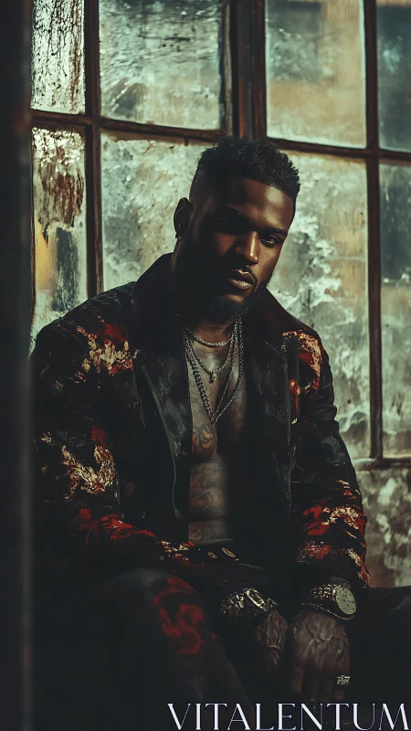 Moody portrait of stylish man by distressed window.