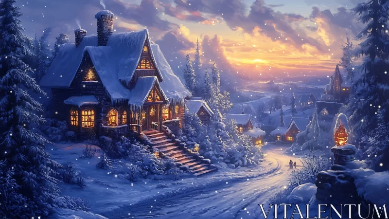 Snow-covered village street curves past illuminated cottages