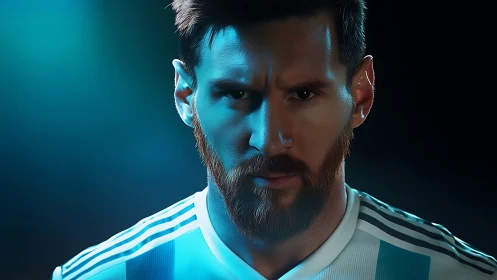 Intense footballer portrait under dramatic teal lighting.