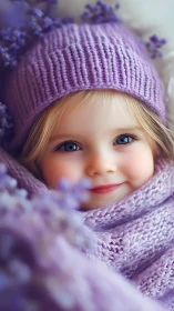 Child in purple knit hat and lavender scarf with flowers