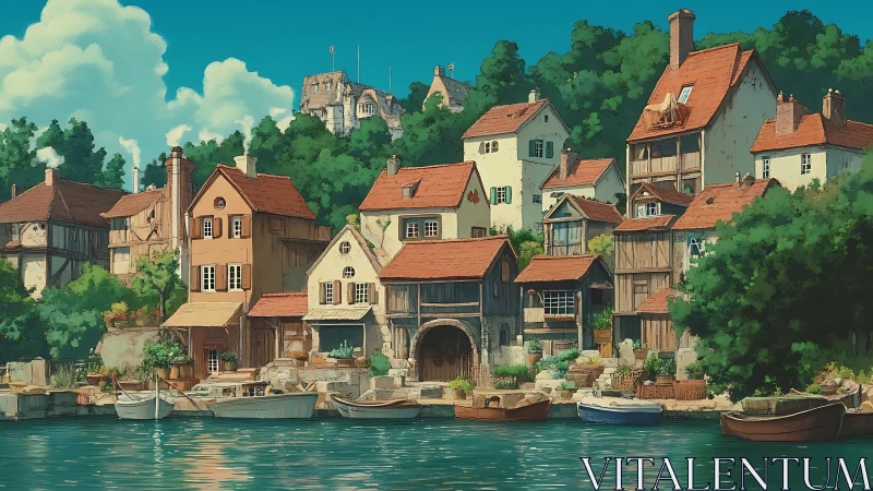 Riverside village with red-roof houses and moored boats.