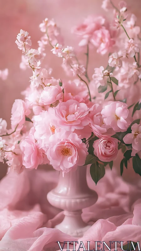 Pink garden roses in urn showcase soft focus depth with warm tonal gradation