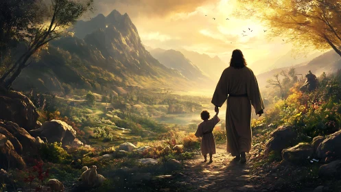 Sunlit valley path where gentle guide leads a small child.