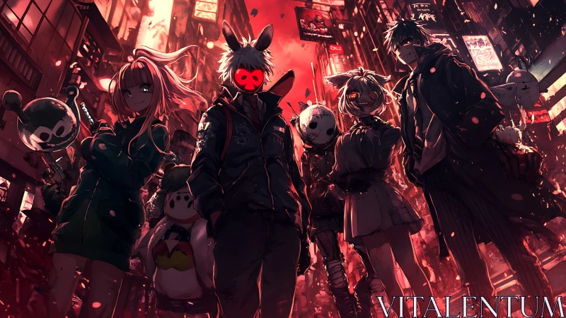 Masked street gang in neon lit dystopian city at night.