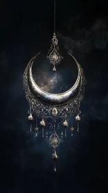 Ornate silver crescent pendant with celestial filigree detail.
