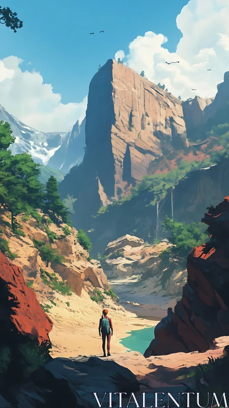 Hiker stands in sunlit canyon beneath towering sandstone cliffs