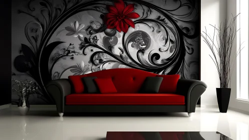 Bold red sofa against swirling floral black and gray wall art.
