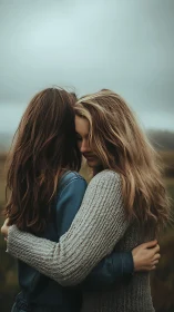 Two Friends Embracing in Nature's Gentle Light.