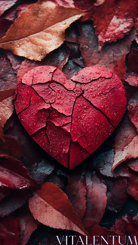Fractured Crimson Heart Among Autumn Foliage Debris.