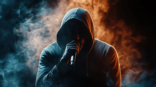 Hooded rapper silhouette in blue orange stage smoke.