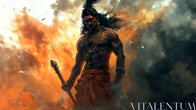 Warrior figure stands amid swirling fire and smoke clouds