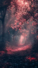 Red-toned forest tunnel path with luminous foliage and atmospheric mist