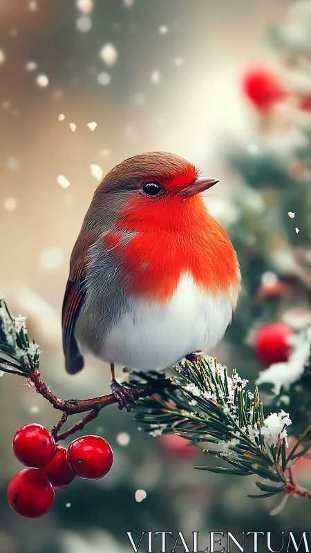 Robin on snow-dusted evergreen branch with red berries.