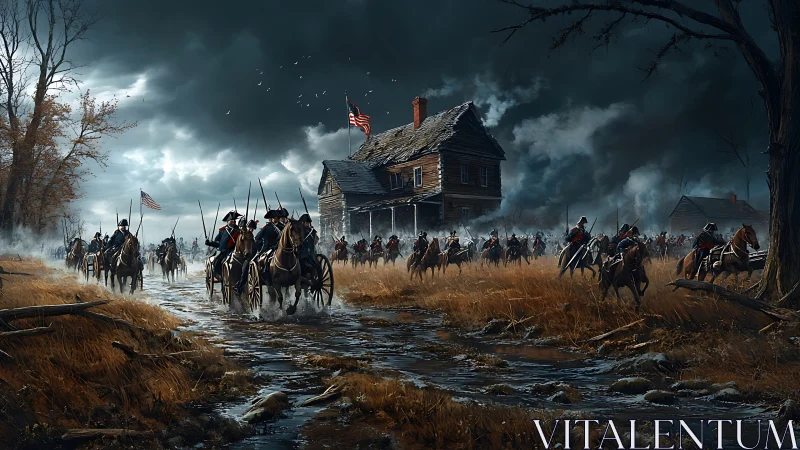 Digital painting of Civil War cavalry column at rustic homestead.