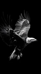 Black and white bald eagle in mid flight on dark background.