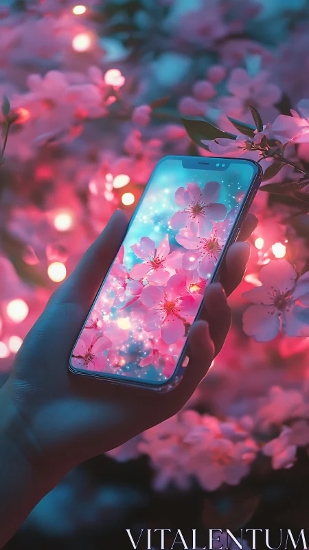 Blossoms in your hand, phone-lit springtime daydream.