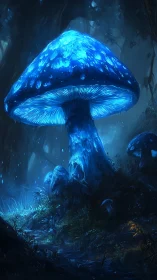 Glowing blue mushroom quietly lights a hidden forest path