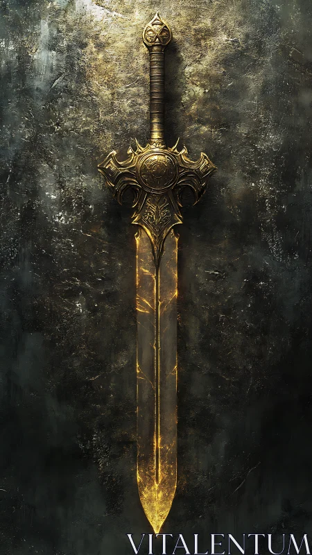 Vertical ornate sword rendering shows glowing golden blade