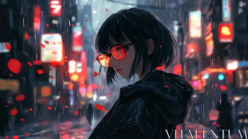 Rain-soaked girl in neon city with red reflective glasses.