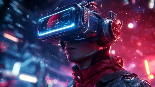 Neon visor drifter surfing crimson holographic citylight.