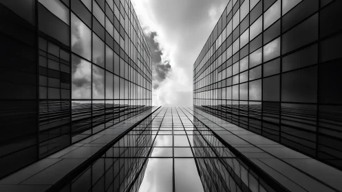 Mirrored city canyon pulls stormy sky into strict symmetry