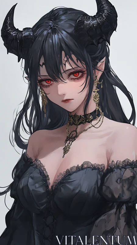 Demonic horned girl portrait with gothic lace dress and jewelry