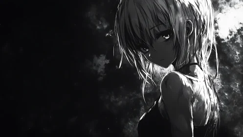 Monochrome anime portrait shows backlit figure in profile