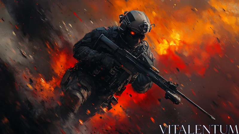 Armored tactical soldier advancing through fiery explosion.