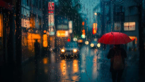 Rainy city street glows as red umbrella cuts through dusk