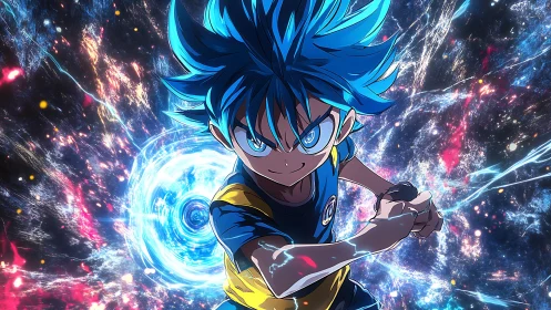 Blue haired anime hero charges power amid cosmic storm