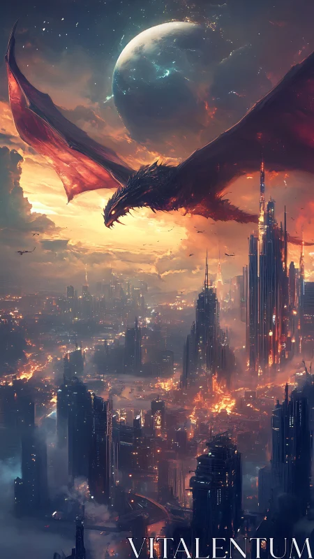 Colossal dragon dominates burning sci fi megacity under fractured planet