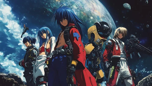 Space mercenary squad stands armed on rocky alien world