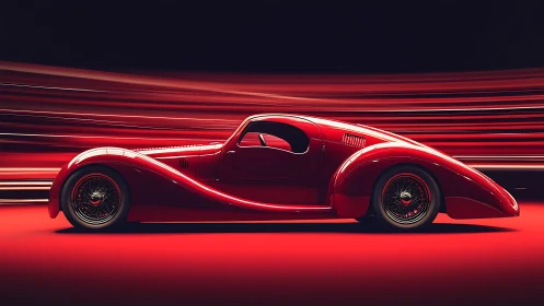 Sculpted red vintage coupe races through a stream of light
