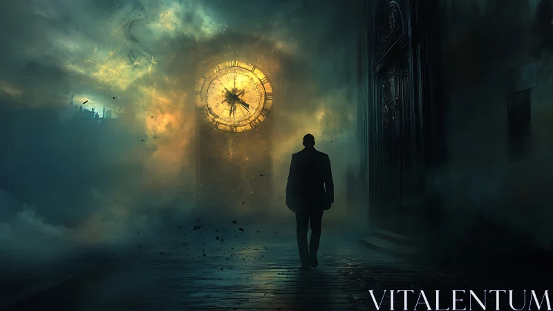 Man walks toward exploding clock in eerie mist-filled corridor.